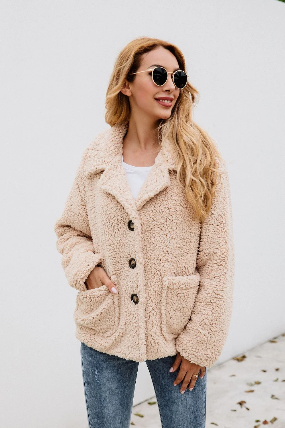 

Fashionable and simple lapel button plush coat autumn winter coat for women warm coat
