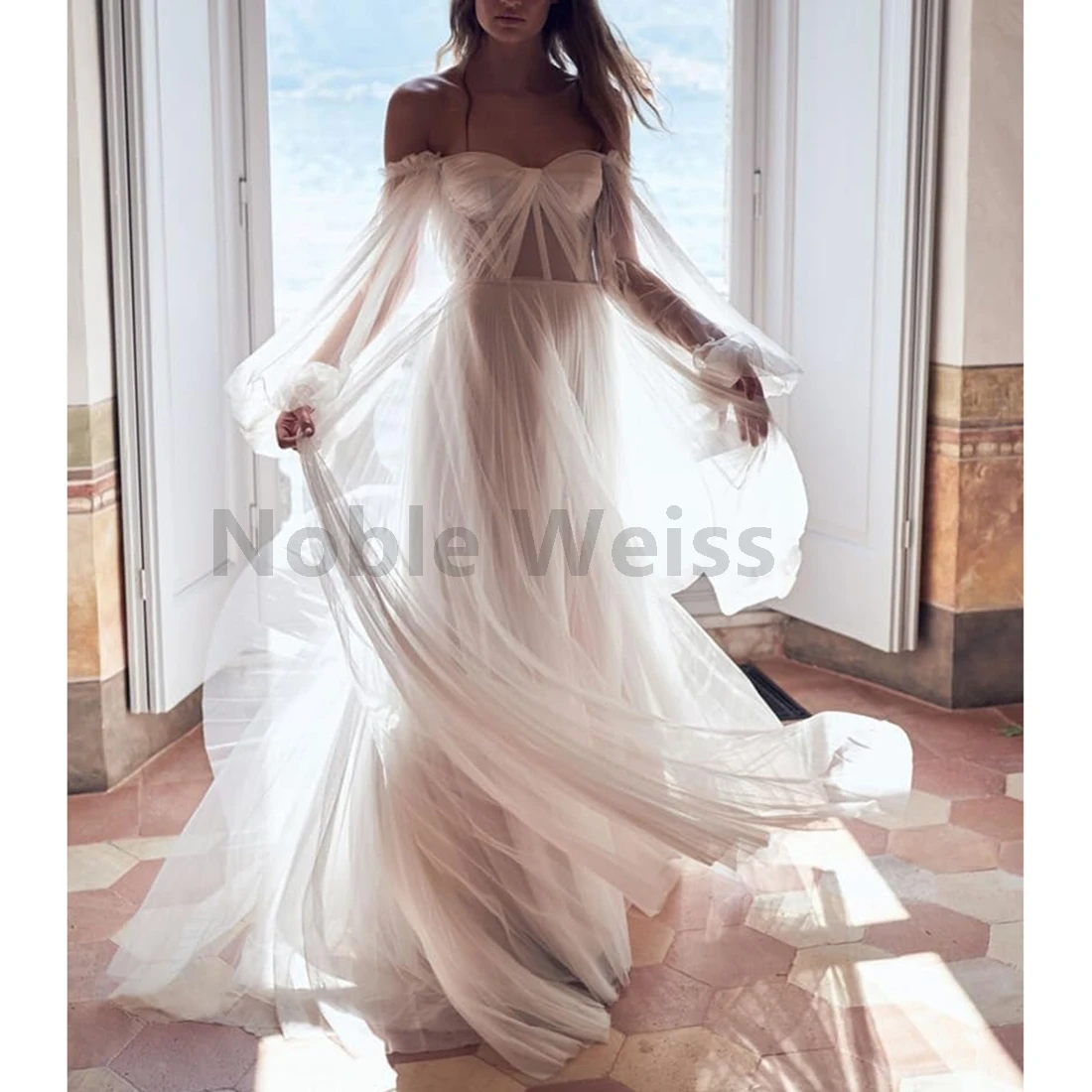 Women's Puffy Long Sleeve Wedding Dresses with Slit Off Shoulder Tulle Wedding Formal Evening Gowns Customized 6