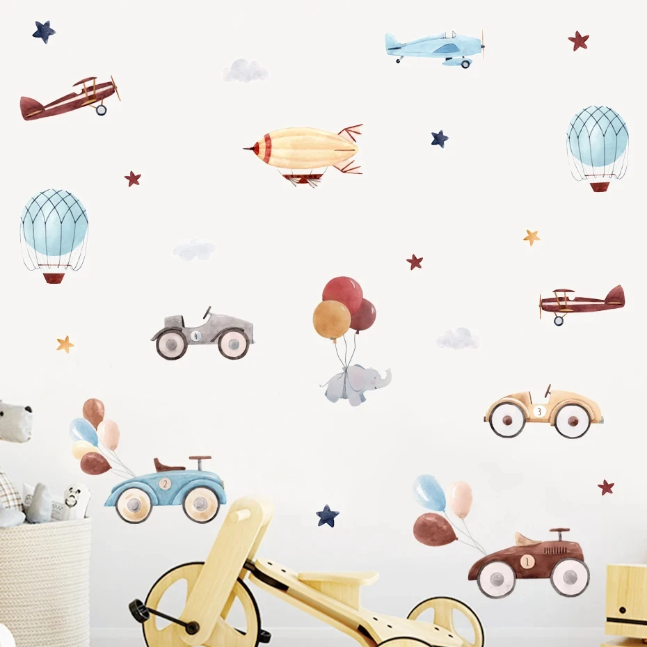 Watercolor Cartoon Car Balloon Stars Nursery Sticker Children Poster DIY Wall Decals Art Print Kids Bedroom Home Decor Wall Stickers