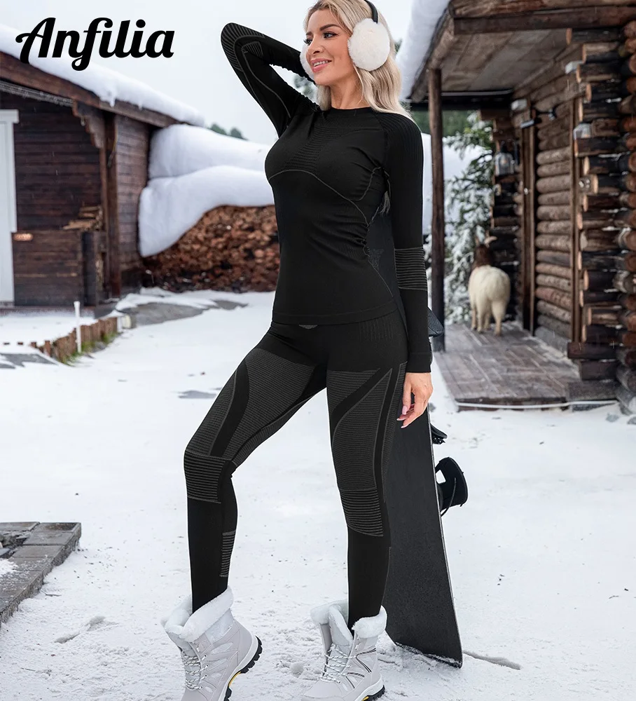 Anfilia Women Skiing Thermal Underwear Crew Neck Quick Dry High Elastic Tight Warm Base Layer Set For Winter thermal underwear set