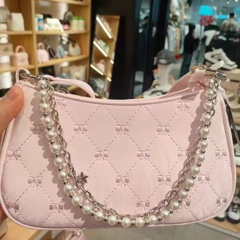 Pink Womens Shoulder Bag Elegant Cute Bow Pearl Chains Bow Embroidery Handbag Casual Leather Korean Fashion Female Handbag