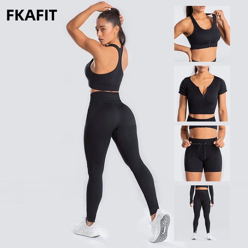 2/4Pcs Yoga Set Women Front Zipper Bra Top Shirts High Waist