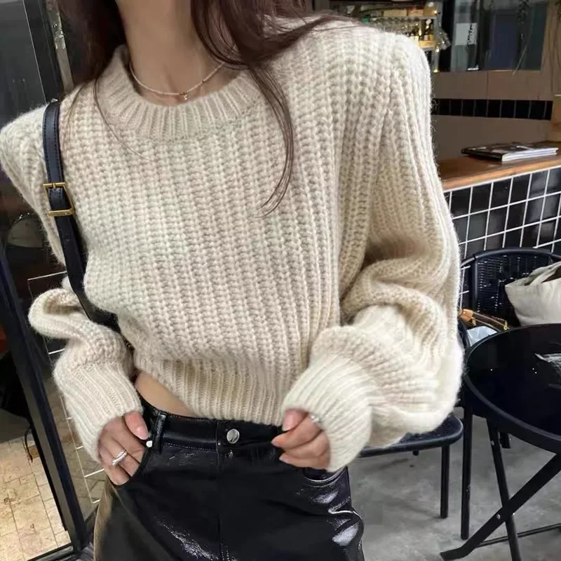 New Autumn Winter Women's O Neck Long Sleeve Pullover Sweater Fashion 2025 Solid Color Elegant Loose Knitwear Casual Short Top