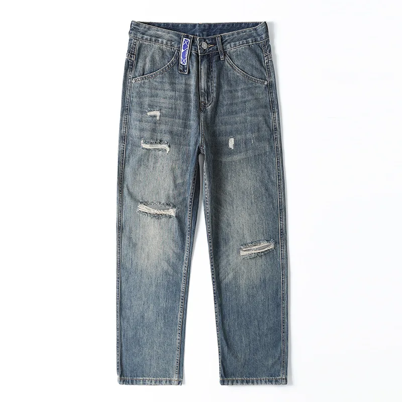 New Spring Summer 2022 Vintage Blue Ripped Pants Loose Straight Casual Wide Leg Jeans Baggy Jeans Streetwear Men