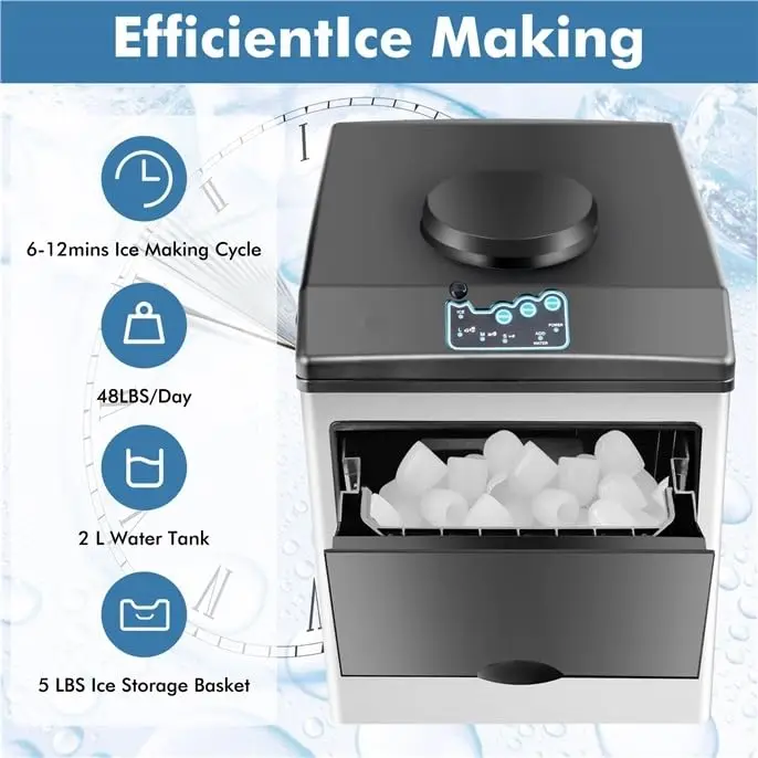 Countertop with 5 Pounds Storage Basket, Portable Ice Machine with 2 Ways to Add Water, 48 Pounds in 24 Hours, Compact Ice Maker 3