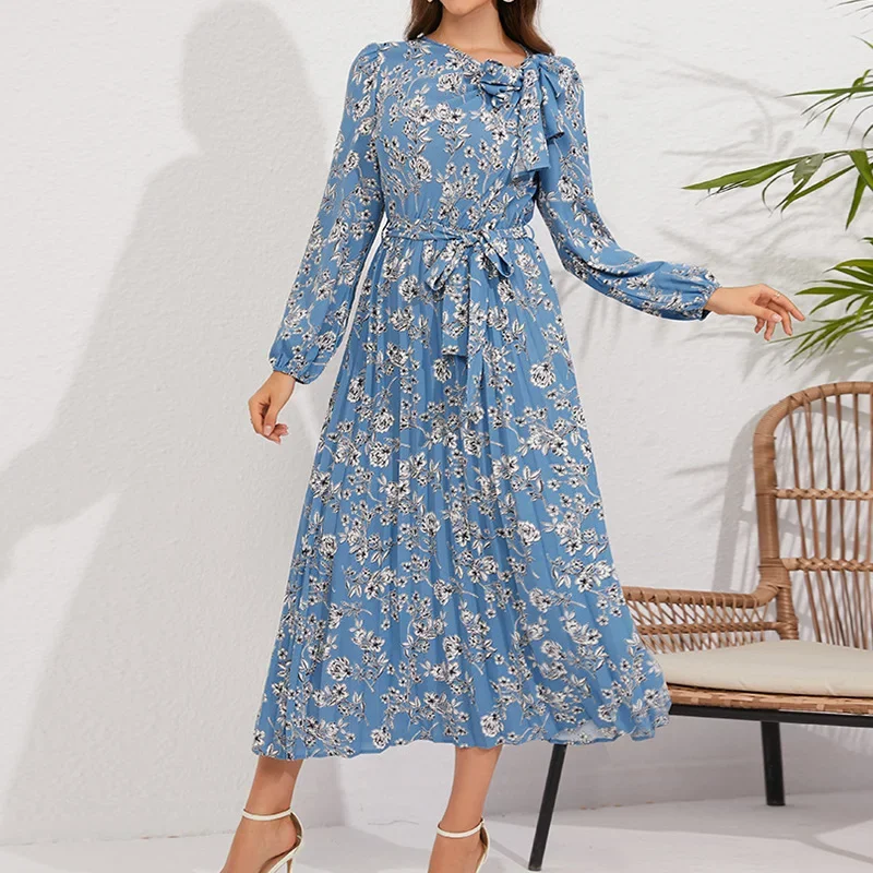 

2023 Autumn New Women's Clothing Mid Length Pleated Long Sleeve Fragmented Flower Print Retro Ice Silk Wrinkle Lacing Bow Dress