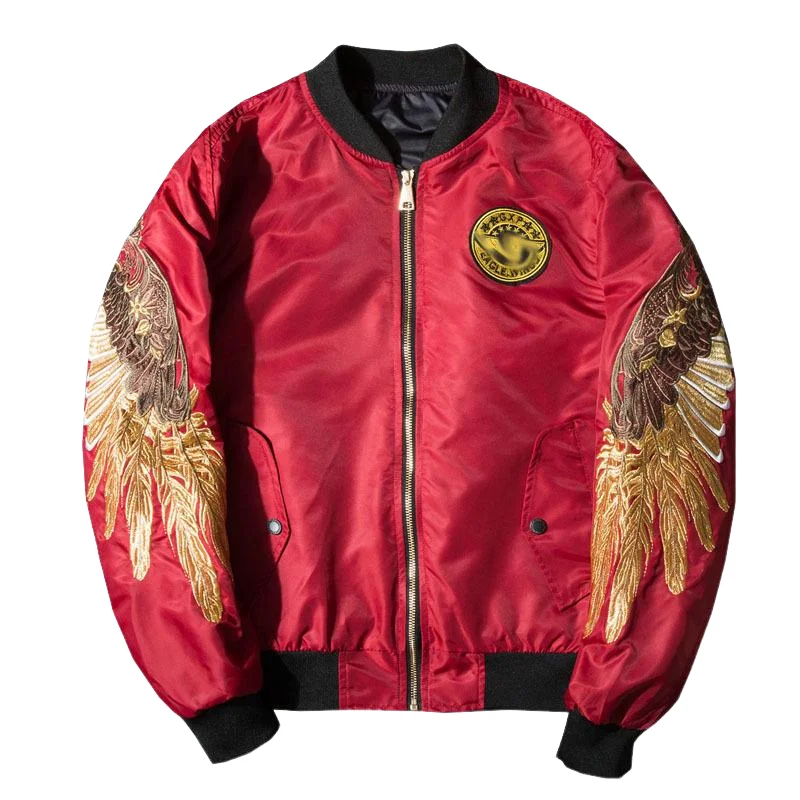 

Men's Spring Hip Hop Jackets Gold Wings Embroidery Bomber Jacket Men Streetwear Brand Clothes Casual Outwear Coat Black