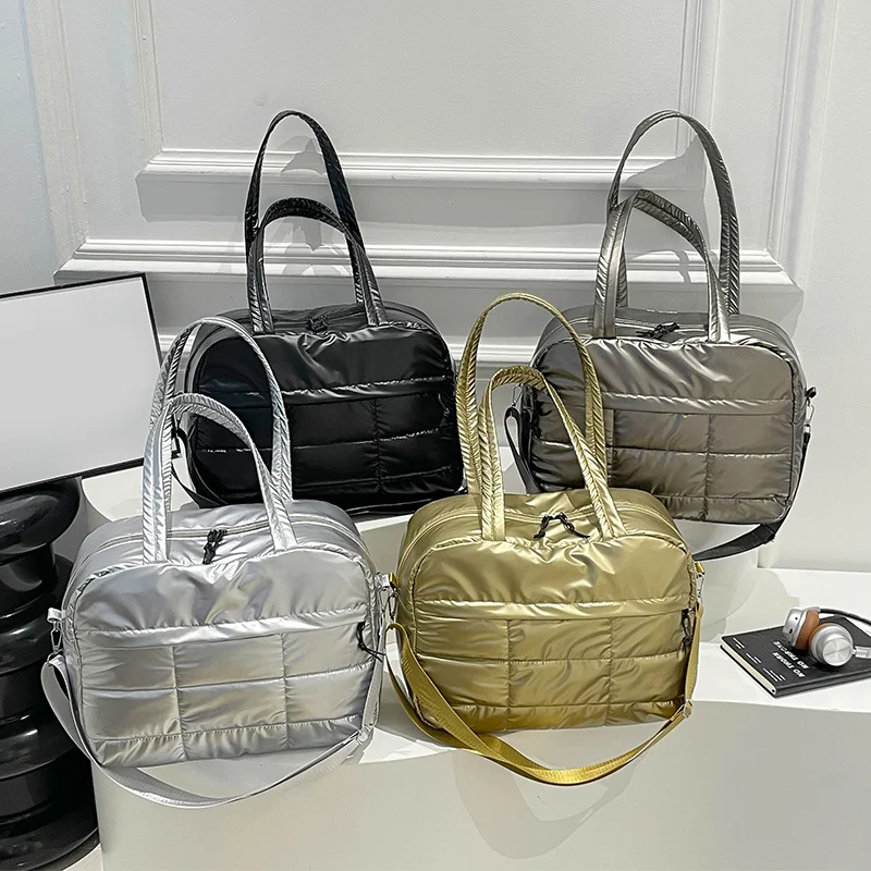 Korean Style Bright Tote Bag Shoulder Bag Plaid Cloud Crossbody Bag Silver Large Capacity Nylon Handbag