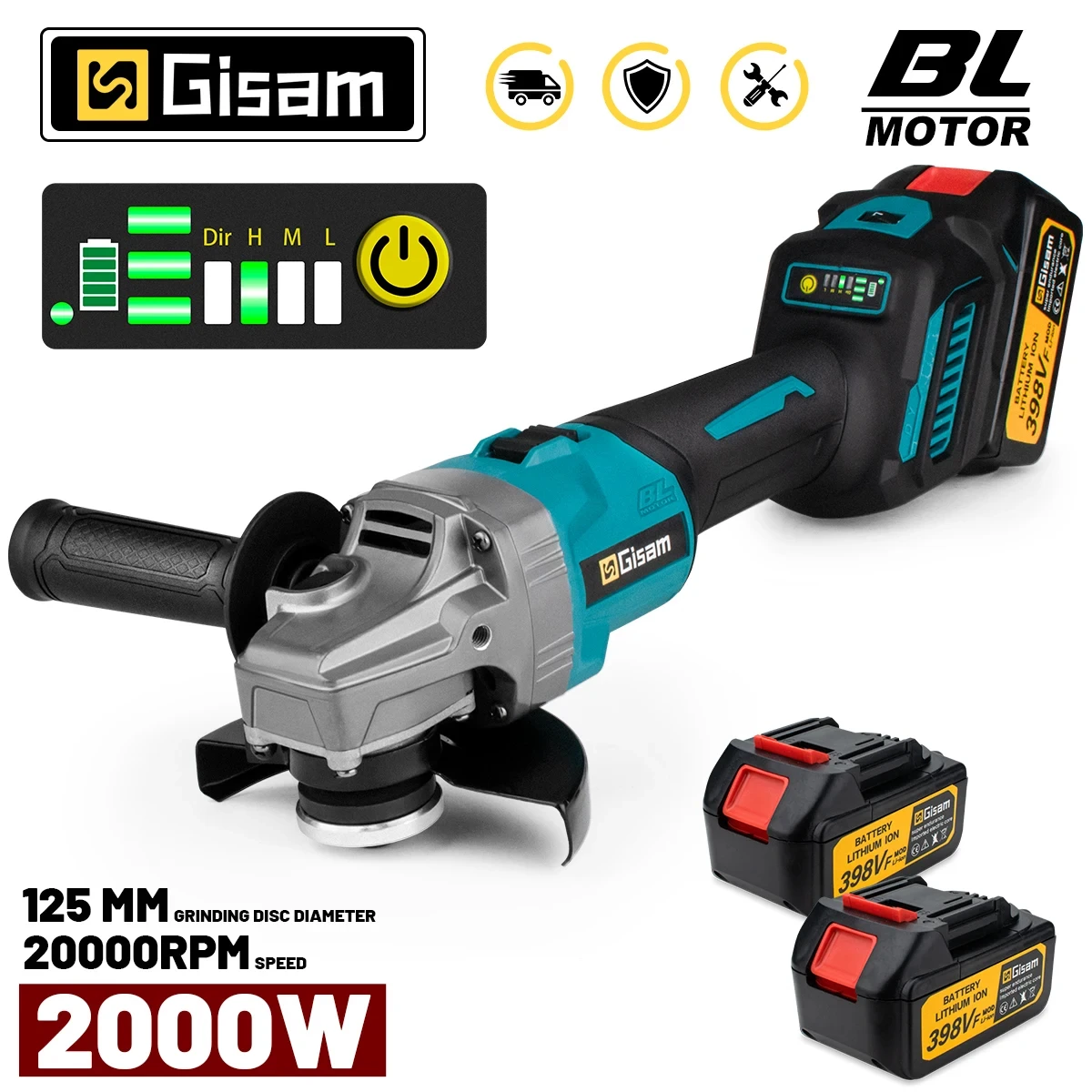 GISAM Brushless Electric Angle Grinder, 125mm 7 gear rechargeable grinder, polishing power tool compatible with Makita 18V battery pin