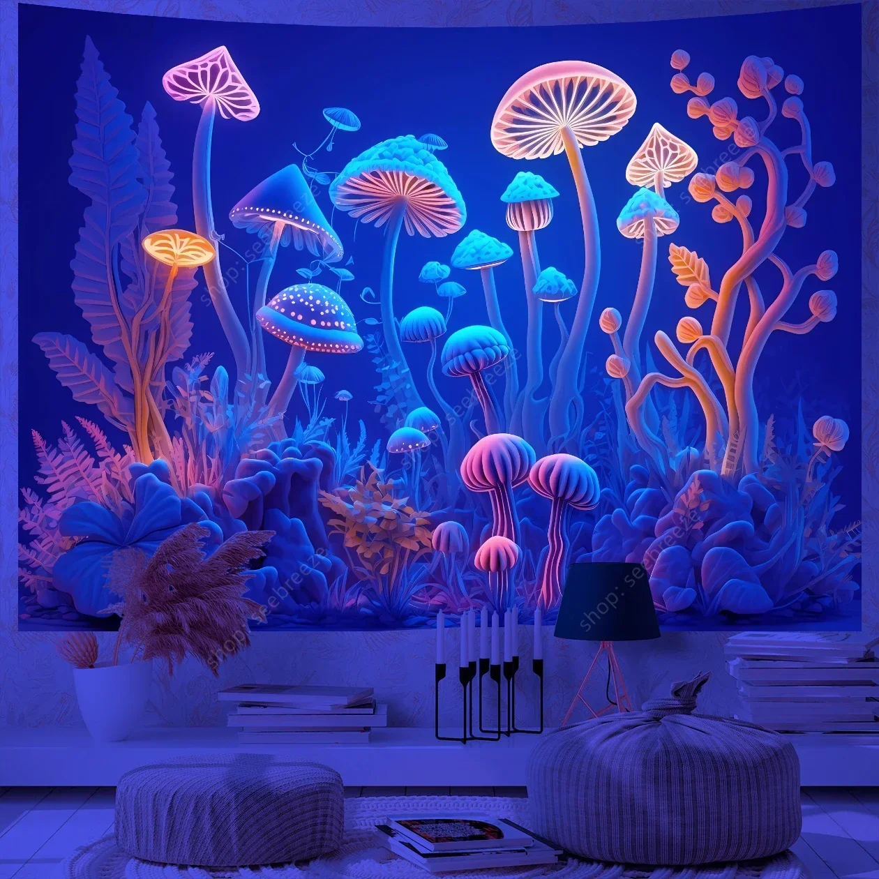 Tapestry Decor Fantasy Mushroom UV Reactive Floral Wall Hanging