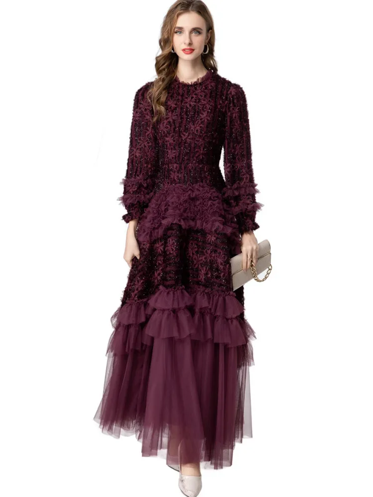 أزياء المرأة مساء اللباس الأرجواني ثلاثي الأبعاد ز...