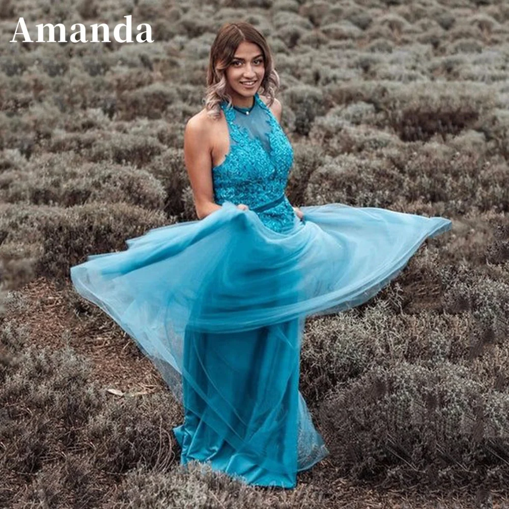 

Amanda Halter Neck فساتين الحفلات Lace Embroid Tops Party Dress Green A-line Evening Dresses Sleeveless Prom Dress 2023