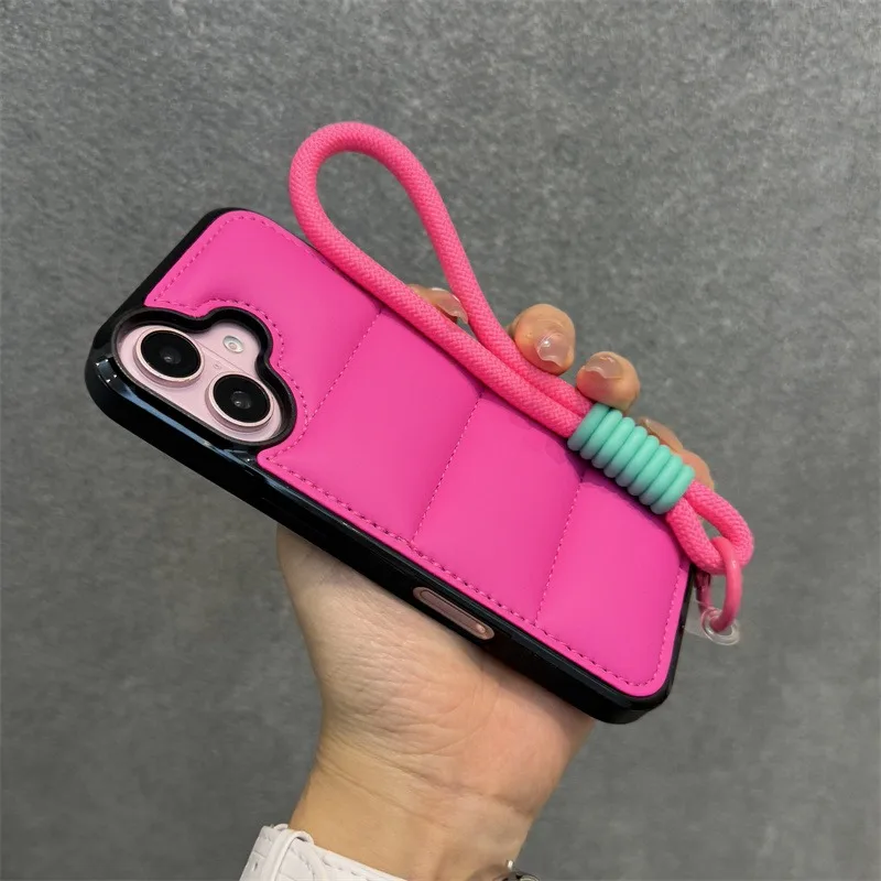 Luxurious Wrist Strap Down Jacket Phone Case with Lanyard Cover