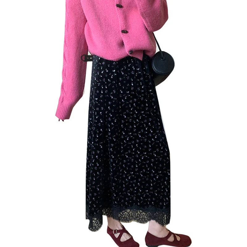 Good Quality Pregnant Woman Floral Skirts for Autumn Winter Korean Style Maternity Velour Belly Skirt Irregular Lace Patchwork