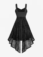 ROSEGAL Plus Size Women's Dresses Black Floral Flocking Ruched PU Panel Belted Layered Split High Low Asymmetric Dress Vestidos - Image 2