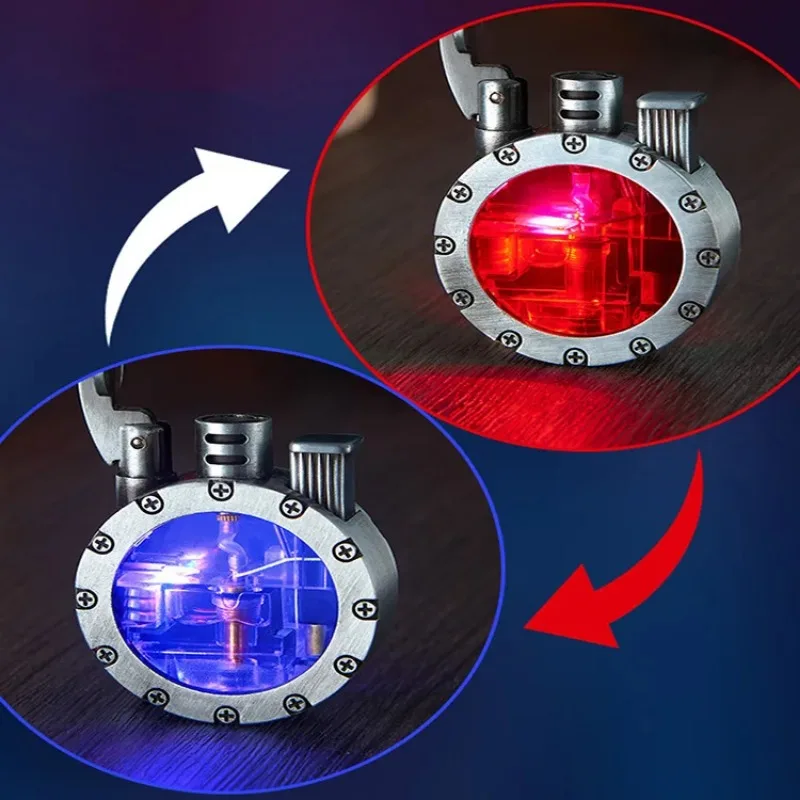 Metal Rocker Arm Butane Torch Lighter Round Shape Retro Large Capacity Transparent Luminescent Tank kerosene lighter bbq lighter butane gas lighter cigarette lighter electric arc igniter