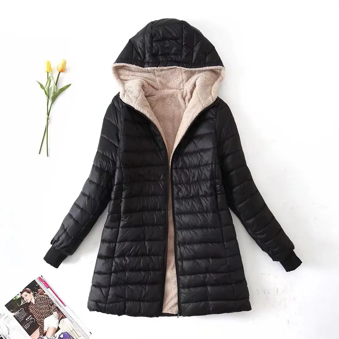 Women's Mid-Length Fleece-Lined Hooded Slim Fit Cotton Jacket Warm Lamb Velvet Street Style Thickened Casual Comfortable Coat
