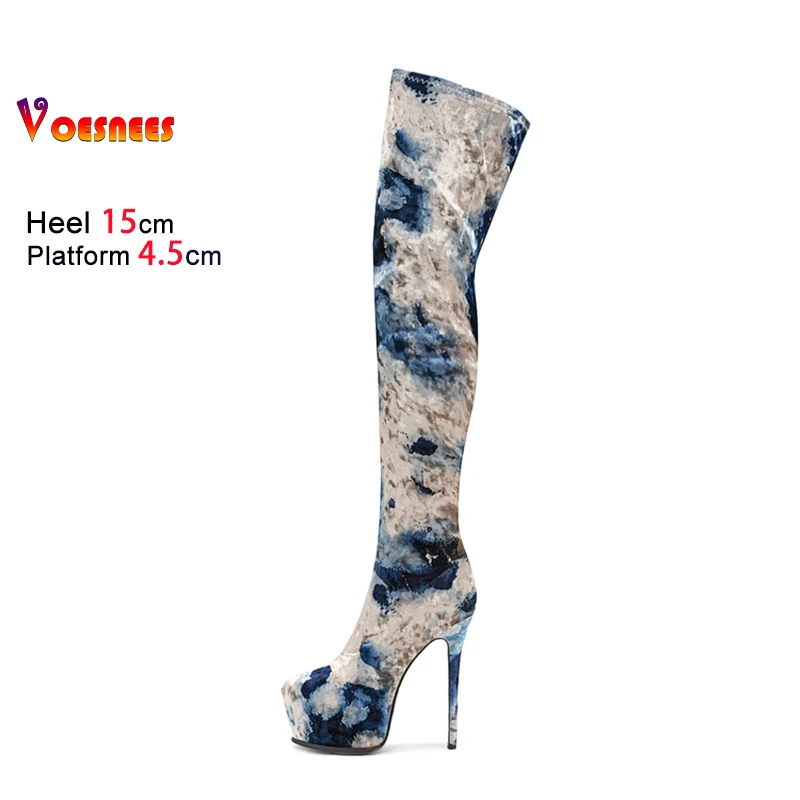 15CM Super High Heel Sexy Night Club Stage Shoes Women Stretch fabric Mixed color Thigh-high Boots Over-the-knee Platform Boots
