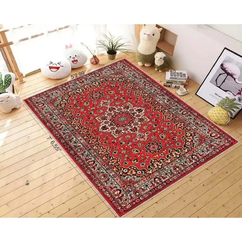 Retro Red Persian Carpet Abstract Ornament Rug Red Turkish Rugs Oriental Bohemian Rug for Living Room Bedroom Non Slip Floor Mat 2