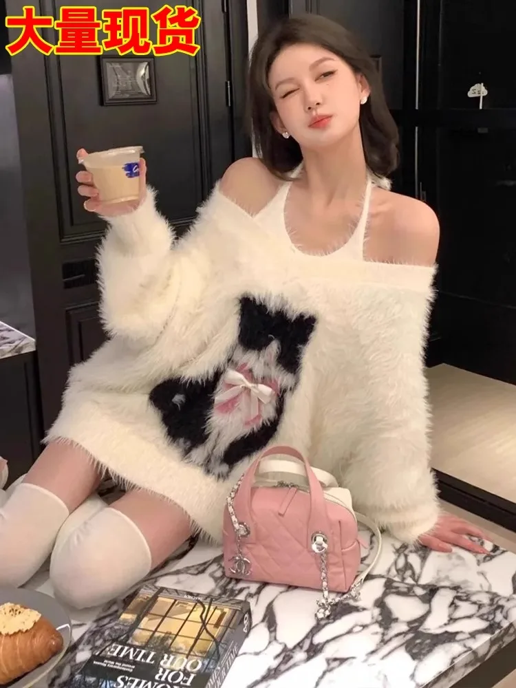 سترة نسائية فضفاضة محبوكة بياقة على شكل V مع نقشة...