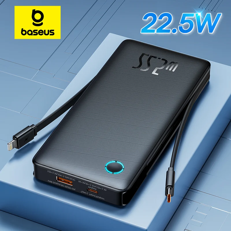 Baseus 아이폰 15 프로 맥스용 PD 고속 충전, 내장 케이블 2 개 포함, 22.5W 보조배터리 10000mAh, 한 번에 4 개 장치 충전 