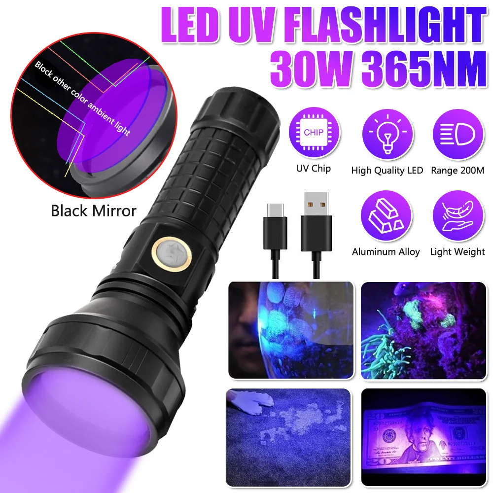 

30W 365nm UV Flashlight Black Mirror Ultra Violet Light Banknote Jade Inspection Torch Curing Colloidal Pet Moss Cat Stains Dete