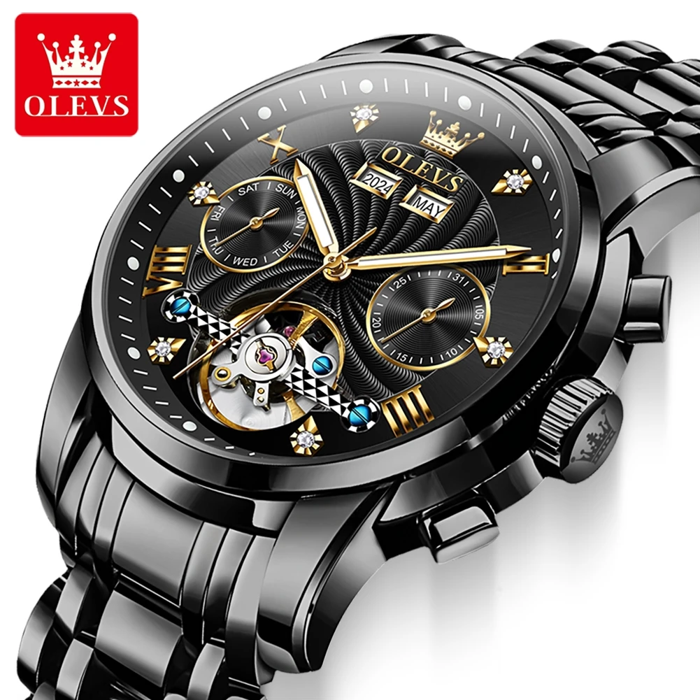 OLEVS 7088 Men Watch Top Brand Hollow Skeleton Fashion Waterproof Mechanical Watch For Men Luminous Date Steel Strap Wristwatch