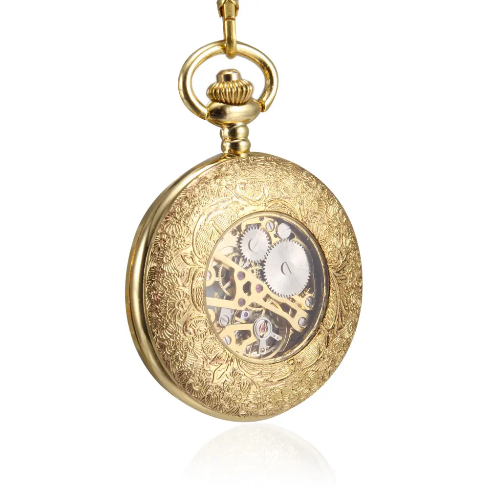 Men Women Mechanical Pocket Watch Golden Hollow Carved Case with Chain LL@17