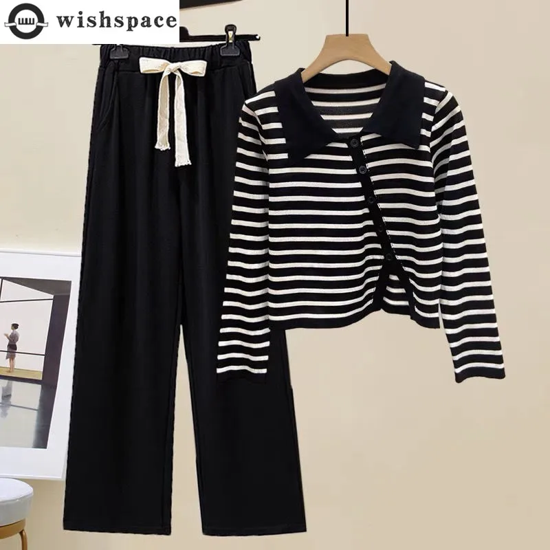 Korean Style Polo Collar Striped T-shirt Lace-up Casual Wide Leg Pants Two-piece Elegant Women's Pants Set Casual Outfits