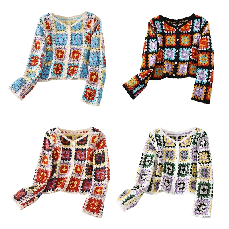 

Spring Autumn Knit Sweater Cardigan for Women Long Sleeve Jacket Button Down Crochet Colorful Geometric Pattern Coat