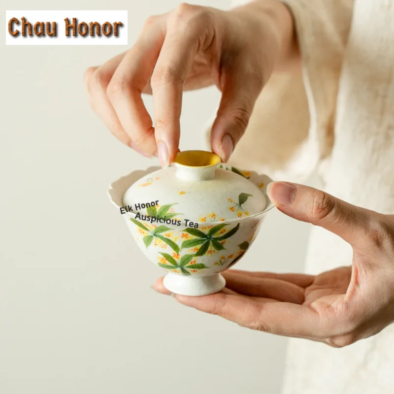100ml Hand-painted Osmanthus Flowers Gaiwan Retro Tea Tureen Tea Bowl with Lid Kit Tea Maker Cover Bowl Kung Fu Tea Set supplies