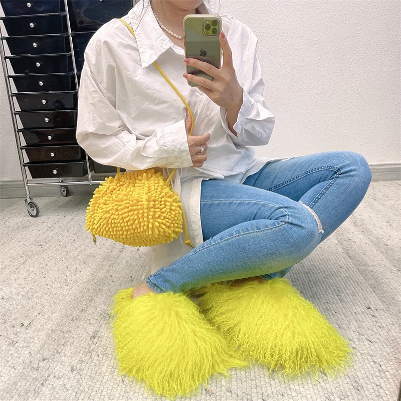 New Designer Long Hair Sheep Fur Slides Famous Brands Sheep Fur Slippers -  Women's Slippers - AliExpress