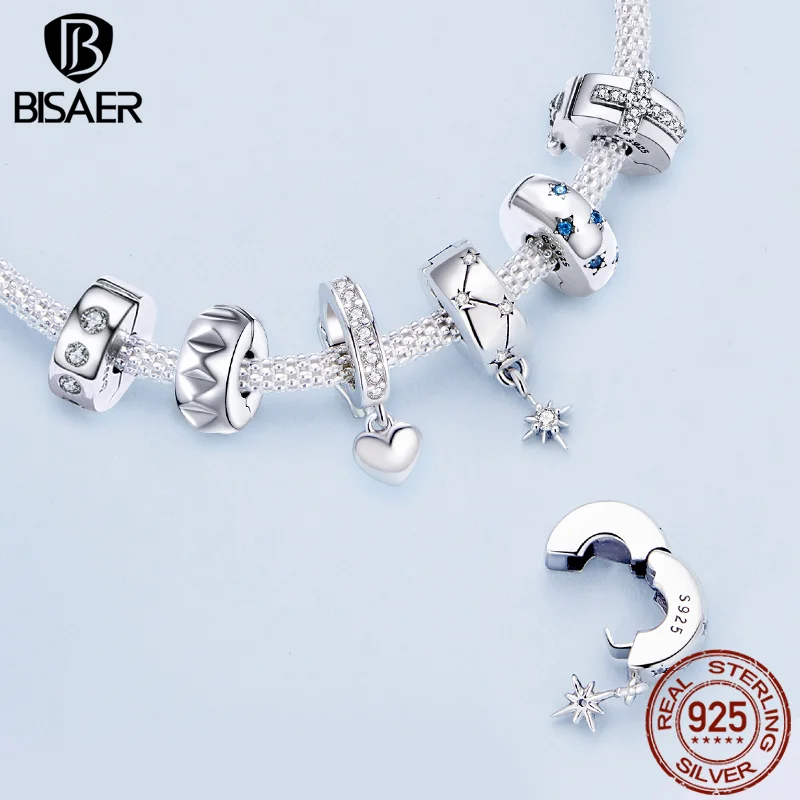 BISAER 925 Sterling Silver Clip Spacer Charm Fit European Women