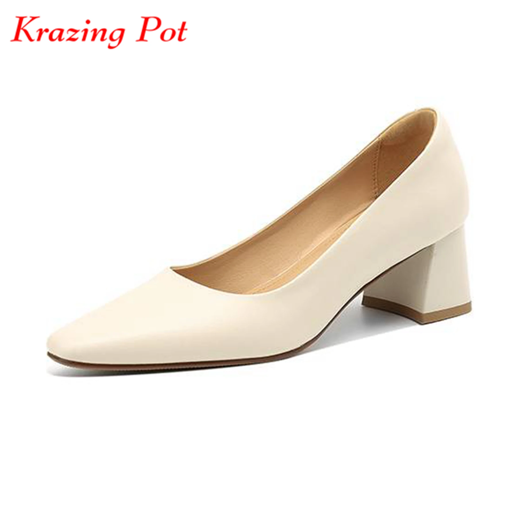 

Krazing Pot Cow Leather Brand Shallow Square Toe Med Heels Spring Summer Shoes Office Lady Basic Clothing Women Shallow Pumps