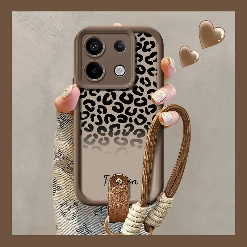 Leopard Print Lanyard Phone Case with Hang Strap and Wrist Chain Cover
