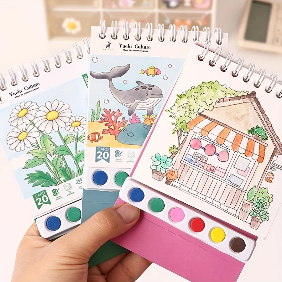 1pc Creative Coil Watercolor Painting with Built-in Paint Coloring Picture Book DIY Watercolor Graffiti Book Desktop Ornament