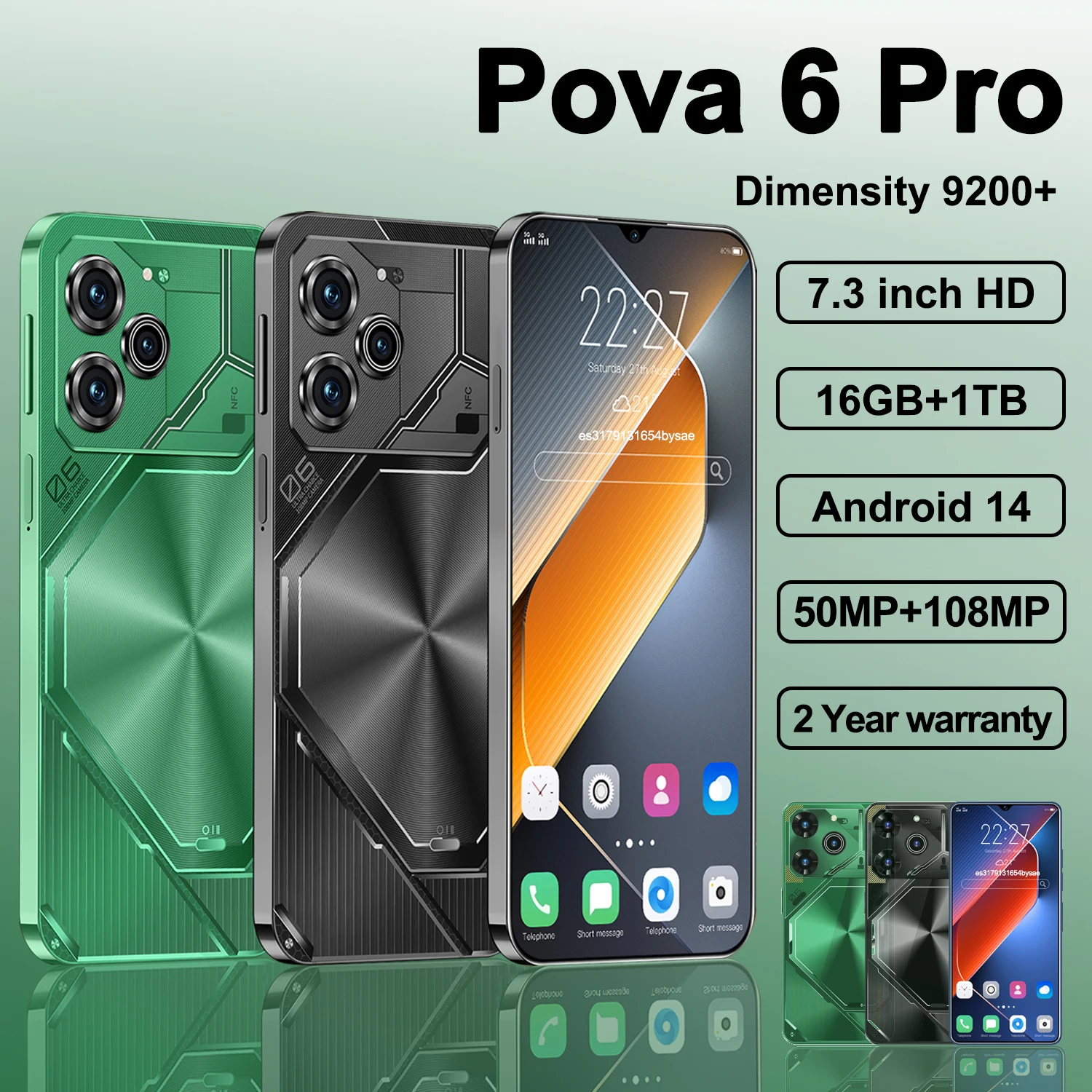 Смартфон Pova 6 Pro, оригинальный телефон с фонариком 7,3 дюйма, 16 ГБ + 1 ТБ, две SIM-карты, мобильные телефоны 50 + 108 МП, Android 14, разблокированный телефон