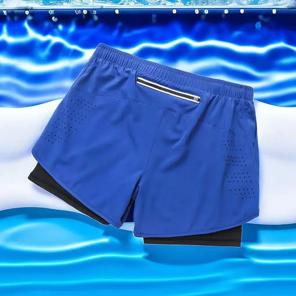 Men's Running Shorts Quick Dry Breathable Inner Lining Fake Two Layers Fitness Gym Three Quarter Length Pants Sportswear