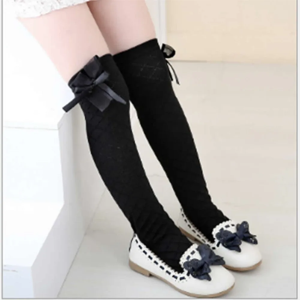 Kids Socks Fall Tube Rhombus Lattice Girl princess cotton lace bowknot thin 100% knee high above long