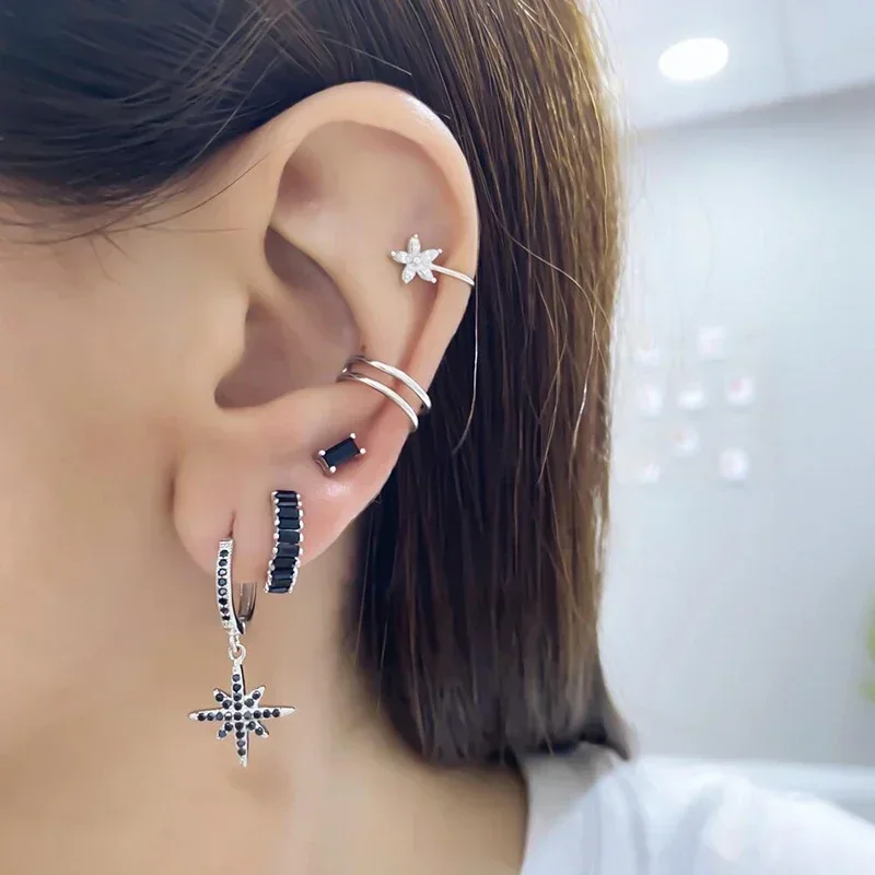 925 Sterling Silver Ear Buckles Fashion Hoop Earrings Black Crystal Pendant Silver Earrings High Quality Women's Jewelry Gifts