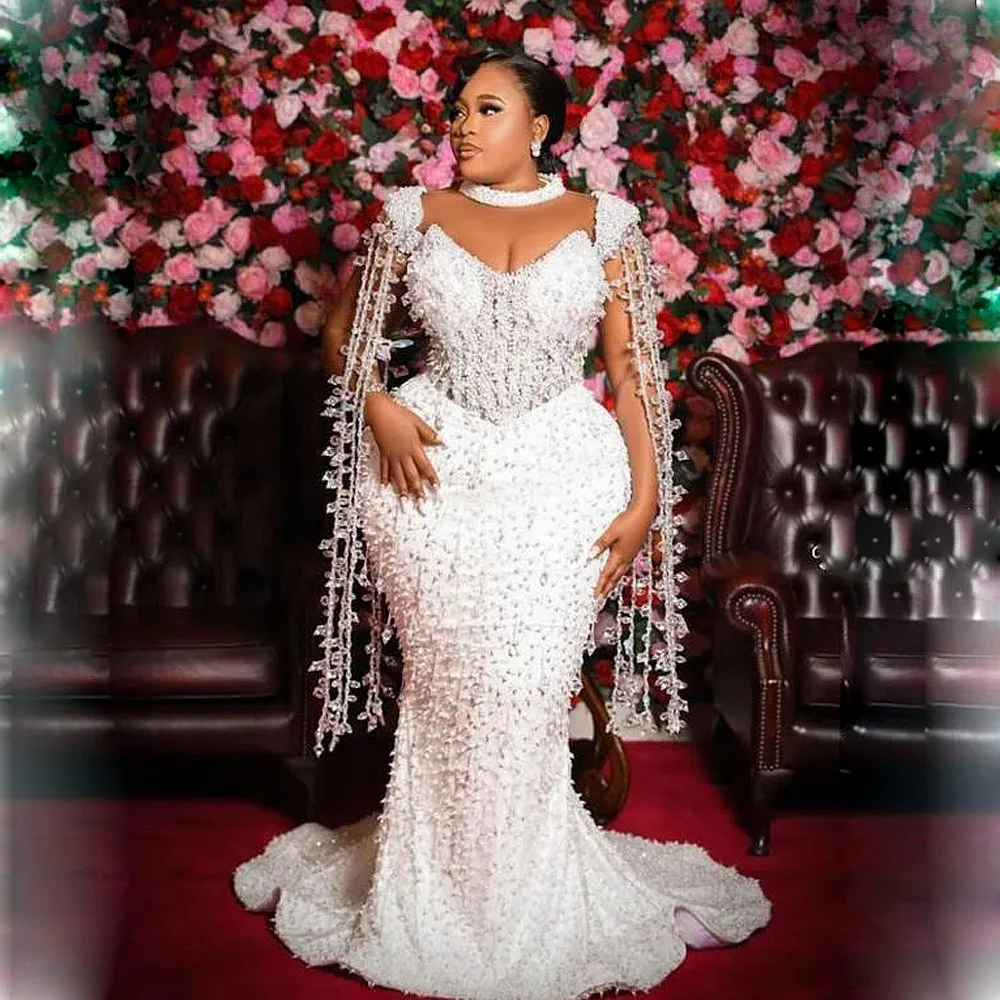 

Luxurious Mermaid Wedding Dresses Plus Size vestidos de novia High Neck Beaded Crystals Aso Ebi Bridal Gowns
