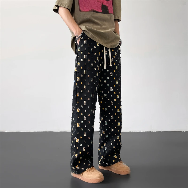 Cotton Casual Pants for Men Fashion Retro Colored Plaid Streetwear Hip-hop Loose Hollow Out Hole Trousers M-3XL casual pants