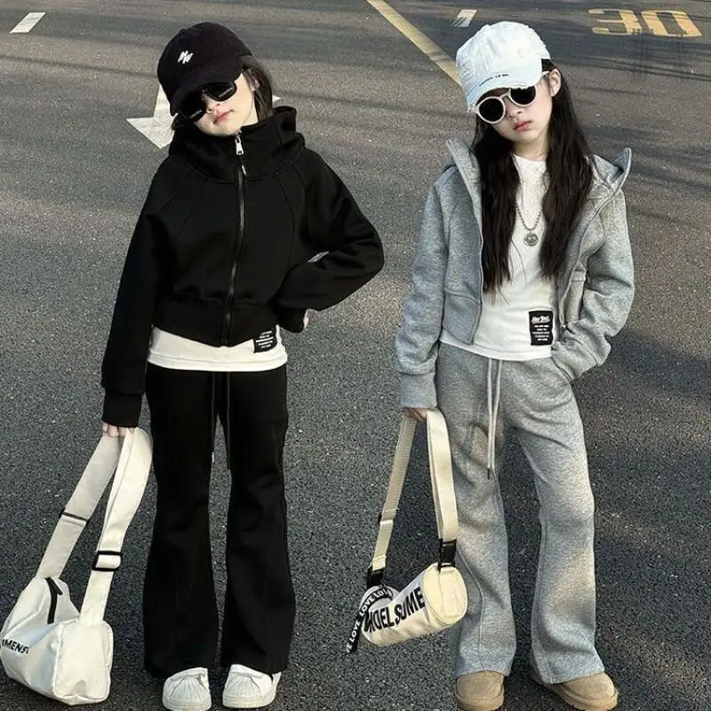 귀여운 캐주얼 코트 세트 패션 2피스 세트 아동복 여아 후드티와 벨보텀 팬츠 2025 신상 패션 3