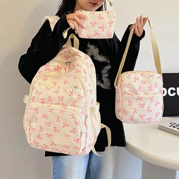 3 Pcs/Set Korean Fashion Bow Print Women Fashion Backpack Lightweight Simple Student School Bag Adjustable Strap Travel Backpack 1