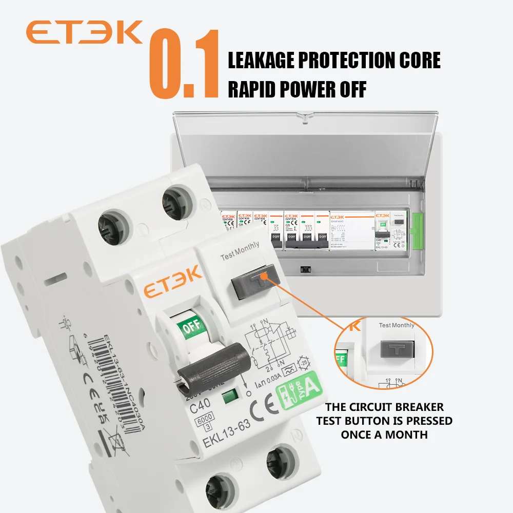 Circuit Breaker ETEK Residual Automatic Circuit Breaker A Type C Curver 30mA 40A 1p+N 2p with Over Current Leakage Protection 6KA RCD EKL13