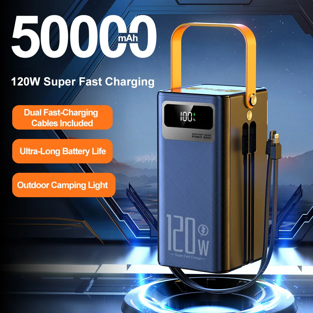Banco de energía portátil de 50000 mAh para acampar carga súper rápida de 120 W con cables integrados y luz LED - AliExpress