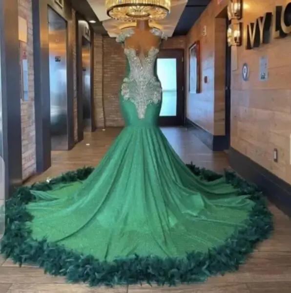 

Green African American Prom Dresses Mermaid Sheer Sequins Beaded Feather Black Girls Nigeria Robe De Soiree Evening Dresses Gown