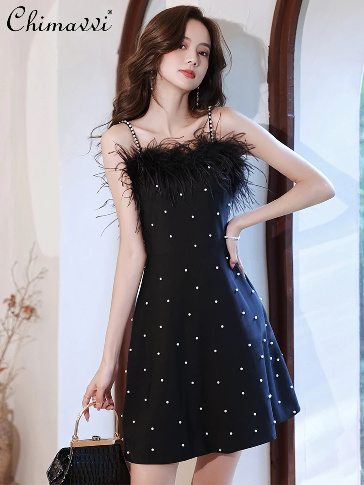 

French Socialite Elegant Hand Stitch Pearl Feather Sleeveless High Waist A-Line Black Short Birthday Evening Dress Women Summer
