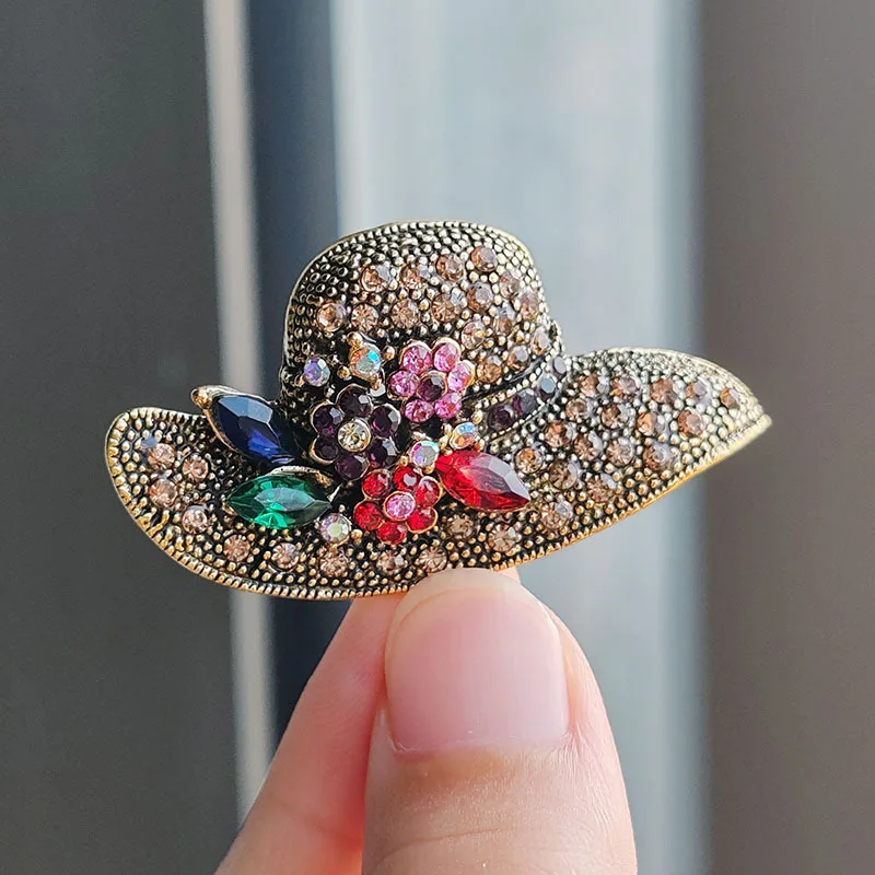 Vintage Sun Hat Brooches Colorful Crystal Flower Cap For  display picture 2
