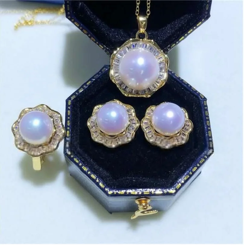 

Gorgeous AAAA 9-10mm South China Sea White Rivet Pearl Pendant Earrings and Ring Set 925s-